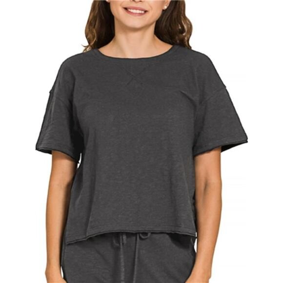 Zenana Cotton Slub Short Sleeve Tee and Pants Set - Picture 1 of 2